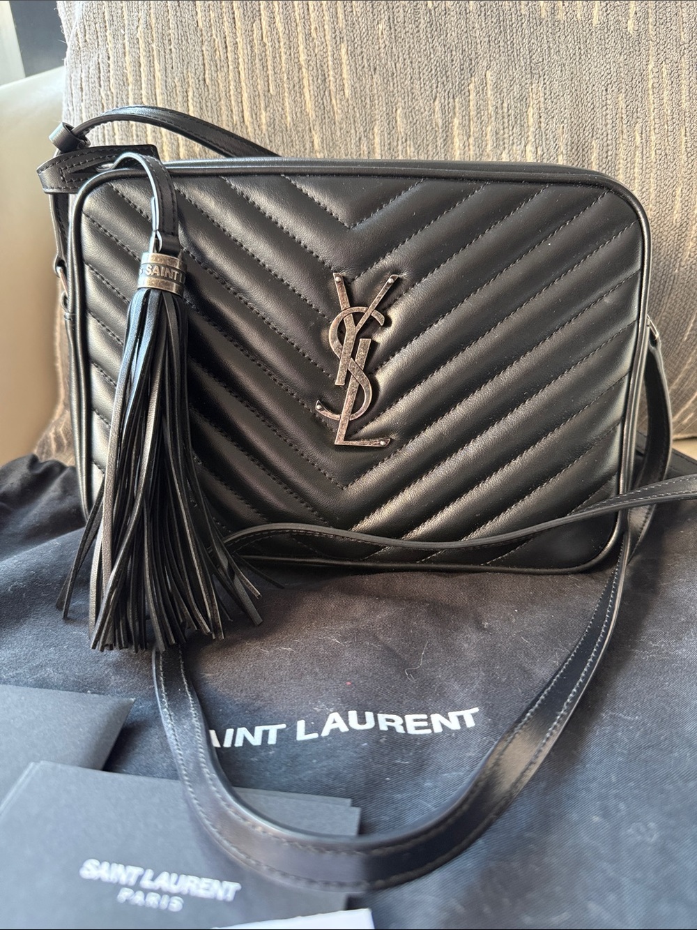 EUC, Ret $1,950, Saint Laurent Lou Medium Camera Bag w/ Tassel (Black)